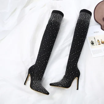 Charming Black Street Wear Womens Boots 2020 Rhinestone 12 Cm Stiletto Heels Pointed Toe Boots