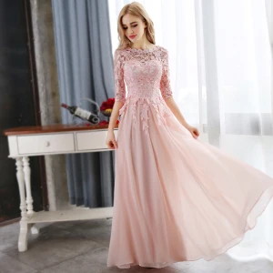Abordable Perle Rose Robe De Soirée 2018 Princesse En Dentelle Appliques Cristal Encolure Dégagée 3 4 Manches Longue Robe De Ceremonie