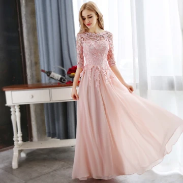 Affordable Pearl Pink Evening Dresses 2018 A Line Princess Lace Appliques Crystal Scoop Neck 3 4 Sleeve Floor Length Long Formal Dresses
