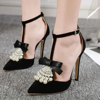 Fashion Black Evening Party Womens Shoes 2020 Pearl Bow 12 Cm Stiletto Heels Pointed Toe High Heels