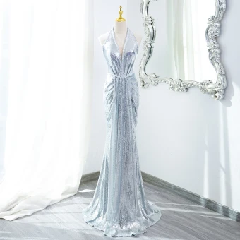 Sparkly Silver Sequins Evening Dresses 2024 Trumpet Mermaid Halter Sleeveless Backless Sweep Train Evening Party Formal Dresses