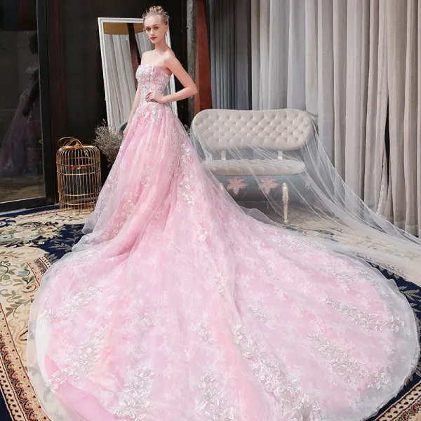 Chic / Beautiful Candy Pink Wedding Dresses 2018 A-Line / Princess Lace Appliques Beading Sequins Sweetheart Backless Sleeveless Cathedral Train Wedding