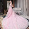 Chic / Belle Rose Bonbon Robe De Mariée 2018 Princesse En Dentelle Appliques Perlage Paillettes Amoureux Dos Nu Sans Manches Cathedral Train Mariage