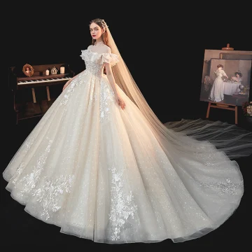 Illusie Champagne Kant Bloem Pailletten Trouwjurken 2021 Baljurk Hoge Kraag Ruche Korte Mouwen Ruglooze Cathedral Train Huwelijk