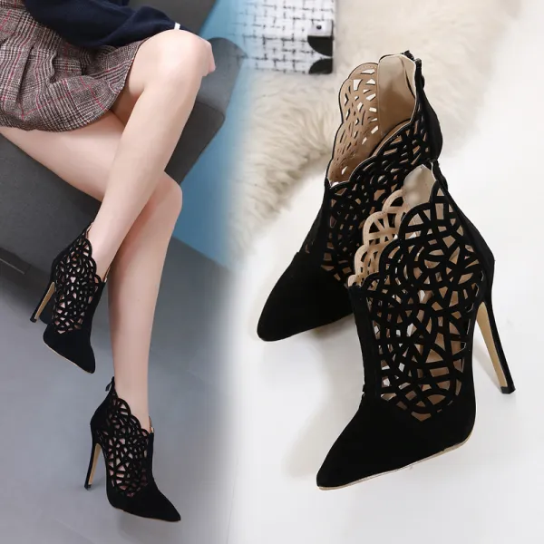 Affordable Black Casual Pierced Womens Sandals 2020 11 cm Stiletto Heels Pointed Toe Sandals