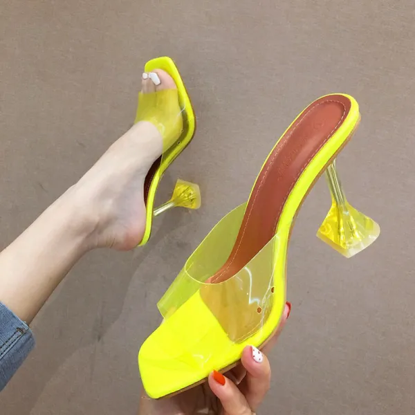Piękne Żółta Przypadkowy Sandały Damskie 2020 Przezroczyste 8 cm Szpilki Peep Toe Czółenka
