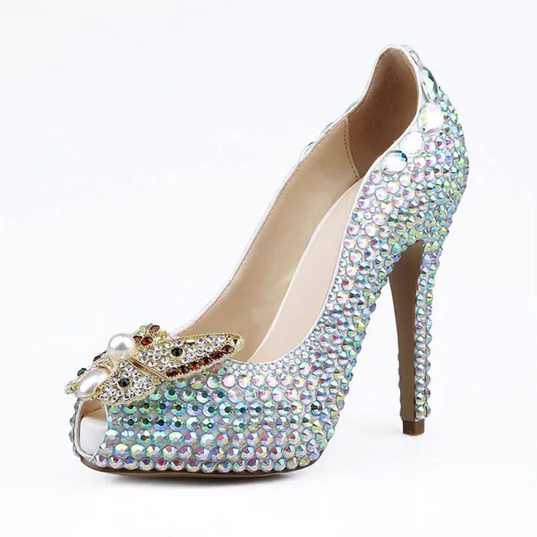 Sparkly Multi-Colors Rhinestone Wedding Shoes 2020 Leather Pearl 12 cm Stiletto Heels Open / Peep Toe Wedding Pumps