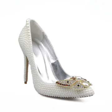 Mode Elfenben Pärla Brudskor 2020 Läder Rhinestone Fjäril 10 Cm Stilettklackar Spetsiga Bröllop Pumps