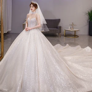 Luxe Scintillantes Champagne Perlage Robe De Mariée 2021 Robe Boule Col Haut Perle Faux Diamant Paillettes 1 2 Manches Dos Nu Royal Train Mariage