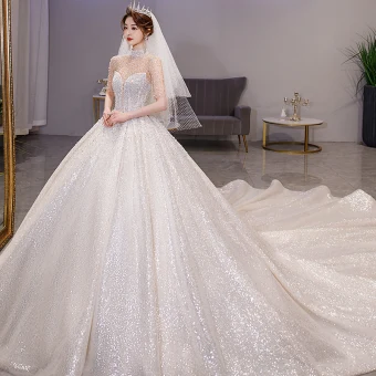 Luxe Scintillantes Champagne Perlage Robe De Mariée 2021 Robe Boule Col Haut Perle Faux Diamant Paillettes 1 2 Manches Dos Nu Royal Train Mariage