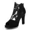 Chic / Beautiful Black Evening Party Lace Pierced Womens Boots 2020 8 cm Thick Heels Open / Peep Toe Boots
