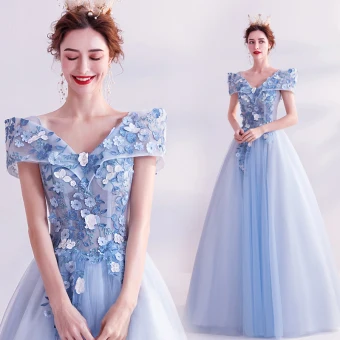 Conte De Fée Bleu Ciel Robe De Bal 2020 Princesse V Cou Appliques Perle En Dentelle Fleur Manches Courtes Dos Nu Longue Robe De Ceremonie