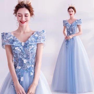 Eventyr Himmelen Blå Ballkjoler 2020 Prinsesse V Hals Appliques Perle Blonder Blomst Korte Ermer Ryggløse Lange Formelle Kjoler