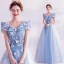 Fairytale Sky Blue Prom Dresses 2020 A-Line / Princess V-Neck Appliques Pearl Lace Flower Short Sleeve Backless Floor-Length / Long Formal Dresses