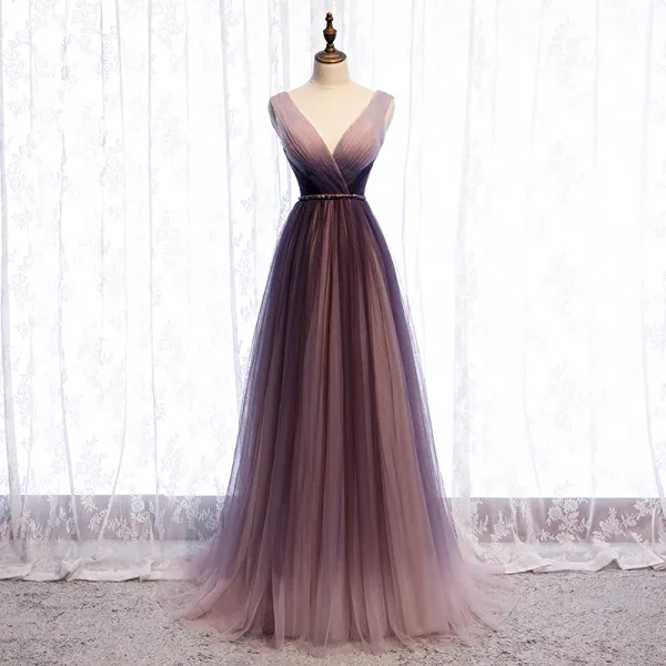 Chic / Beautiful Gradient-Color Purple Evening Dresses  2020 A-Line / Princess V-Neck Sash Sleeveless Backless Floor-Length / Long Formal Dresses