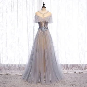 Charming Grey Prom Dresses 2020 A Line Princess Scoop Neck Beading Appliques Lace Flower Rhinestone Sequins Short Sleeve Backless Floor Length Long Formal Dresses