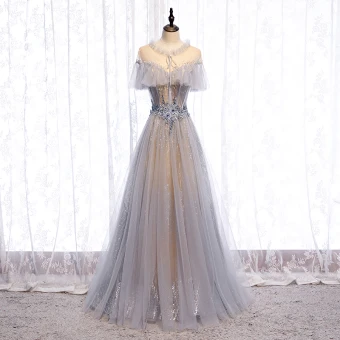 Charming Grey Prom Dresses 2020 A Line Princess Scoop Neck Beading Appliques Lace Flower Rhinestone Sequins Short Sleeve Backless Floor Length Long Formal Dresses