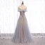 Charming Grey Prom Dresses 2020 A-Line / Princess Scoop Neck Beading Appliques Lace Flower Rhinestone Sequins Short Sleeve Backless Floor-Length / Long Formal Dresses