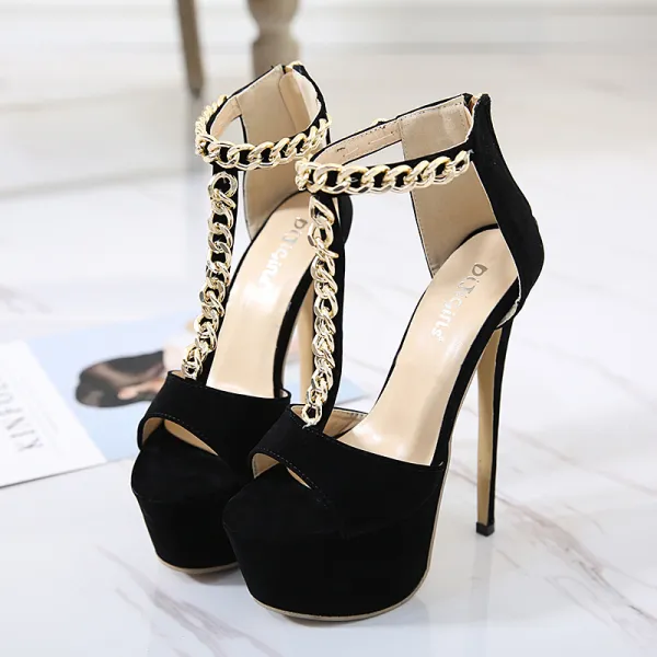 Affordable Black Evening Party Womens Sandals 2020 T-Strap 15 cm Stiletto Heels Open / Peep Toe Sandals