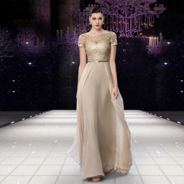 Élégant Champagne Robe De Soirée 2018 Princesse Paillettes Ceinture Encolure Dégagée Manches Courtes Longue Robe De Ceremonie