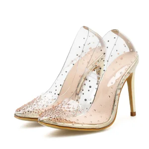 Transparent Doré Soirée Faux Diamant Escarpins 2020 10 Cm Talons Aiguilles 10 Cm 4 Inch À Bout Pointu Escarpins