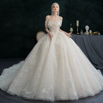 Illusion Champagne Robe De Mariée 2021 Robe Boule De L 039 Épaule Perlage Perle Faux Diamant Paillettes Manches Courtes Dos Nu Royal Train Mariage