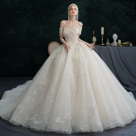 Illusion Champagne Wedding Dresses 2021 Ball Gown Off-The-Shoulder Beading Pearl Rhinestone Sequins Short Sleeve Backless Royal Train Wedding