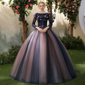 Elegant Kongeblå Quinceañera Ballkjoler 2018 Ballkjole Appliques Perle Scoop Halsen Ryggløse 3 4 Ermer Lange Formelle Kjoler