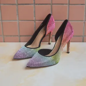 Charmant Multi Couleurs Soirée Arc En Ciel Escarpins 2020 Cuir Faux Diamant 9 Cm Talons Aiguilles À Bout Pointu Escarpins