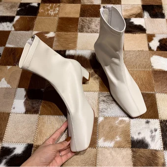 Fabulous Ivory Casual Womens Boots 2020 Leather 4 Cm Thick Heels Pointed Toe Low Heel Boots