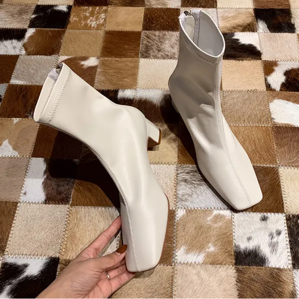 Fabulous Ivory Casual Womens Boots 2020 Leather 4 cm Thick Heels Pointed Toe Low Heel Boots