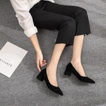 Chic Belle Noire Désinvolte Daim Escarpins 2020 5 Cm Talons Épais Petit Talon À Bout Pointu Escarpins