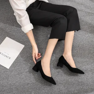 Schöne Schwarz Freizeit Wildleder Pumps 2020 5 Cm Thick Heels Niedrig Heels Spitzschuh Pumps