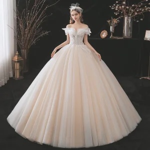 Charmant Champagne Robe De Mariée 2021 Robe Boule De L 039 Épaule Perlage En Dentelle Fleur Sans Manches Dos Nu Longue Mariage