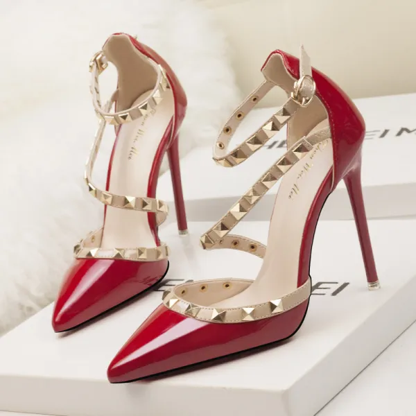 Charming Red Evening Party Womens Sandals 2020 Rivet Ankle Strap 10 cm Stiletto Heels Pointed Toe Sandals