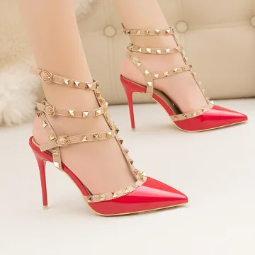 Fashion Red Rivet Evening Party Womens Sandals 2020 T Strap 10 Cm Stiletto Heels Pointed Toe Sandals