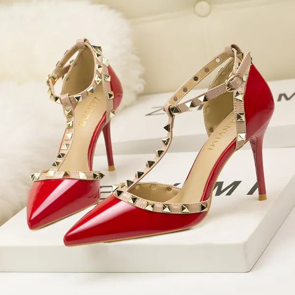Fashion Red Evening Party Rivet Womens Sandals 2020 T-Strap 9 cm Stiletto Heels Pointed Toe Sandals