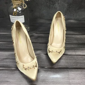 Chic Belle Champagne Désinvolte Escarpins 2020 Cuir Satin 9 Cm Talons Aiguilles À Bout Pointu Escarpins