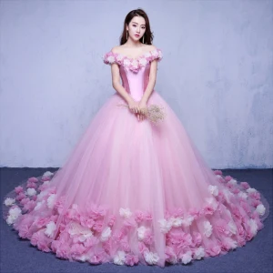Elegant Candy Pink Wedding Dresses 2018 Ball Gown Appliques Off The Shoulder Backless Short Sleeve Chapel Train Wedding