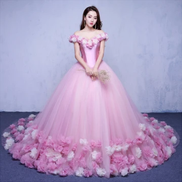 Elegant Candy Pink Wedding Dresses 2018 Ball Gown Appliques Off The Shoulder Backless Short Sleeve Chapel Train Wedding