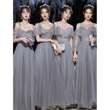 Modest Simple Grey Bridesmaid Dresses 2021 A Line Princess Glitter Spaghetti Straps Short Sleeve Backless Floor Length Long Bridesmaid Wedding Party Dresses