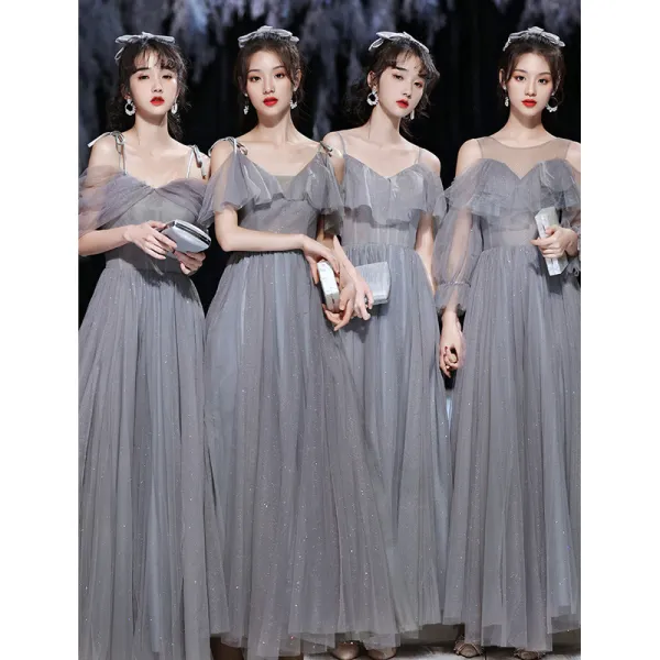 Modest / Simple Grey Bridesmaid Dresses 2021 A-Line / Princess Glitter Spaghetti Straps Short Sleeve Backless Floor-Length / Long Bridesmaid Wedding Party Dresses
