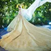 Luxury / Gorgeous Glitter Champagne Wedding Dresses 2018 Ball Gown Lace Beading Crystal Sequins Embroidered Off-The-Shoulder Backless Short Sleeve Royal Train Wedding