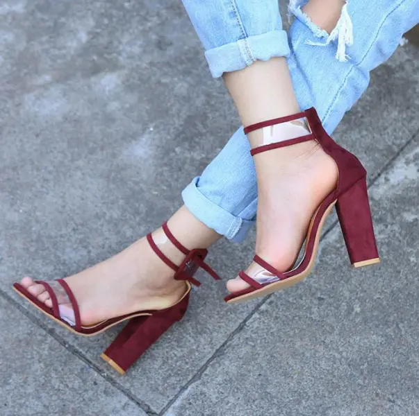Affordable Burgundy Casual Womens Sandals 2020 Ankle Strap 9 cm Thick Heels Open / Peep Toe Sandals