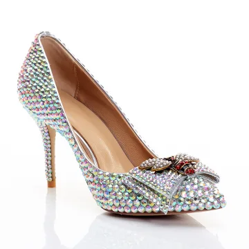 Charmant Argenté Chaussure De Mariée 2020 Cuir Faux Diamant Papillon 8 Cm Talons Aiguilles À Bout Pointu Mariage Escarpins