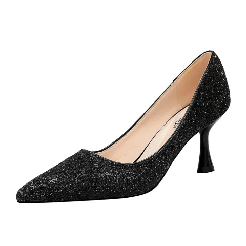 Charmant Zwarte Pailletten Bruidsschoenen 2020 7 cm Naaldhakken / Stiletto Spitse Neus Huwelijk Pumps