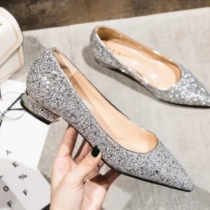 Charming Silver Wedding Shoes 2020 Sequins Pointed Toe Flat Wedding Pumps