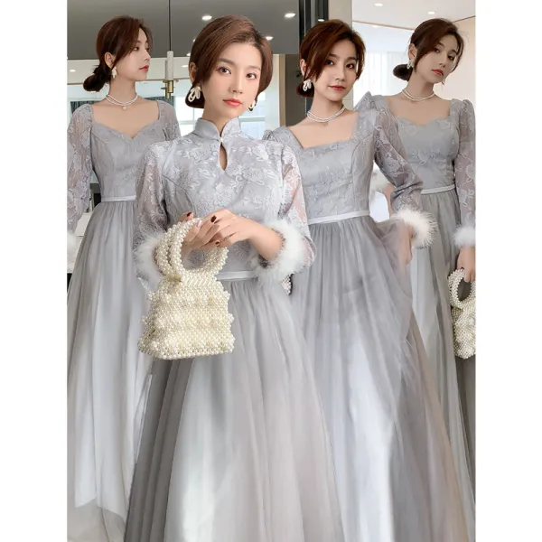Modest / Simple Grey Bridesmaid Dresses Crossed Straps 2021 A-Line / Princess Square Neckline Lace Flower Sash 3/4 Sleeve Backless Floor-Length / Long Bridesmaid Wedding Party Dresses