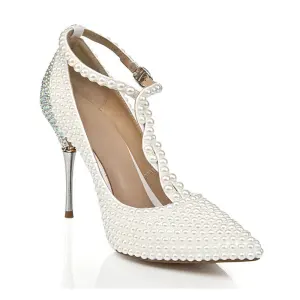 Charmant Ivoire Perle Chaussure De Mariée 2020 Cuir Faux Diamant T Strap 10 Cm Talons Aiguilles À Bout Pointu Escarpins