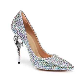 Charmant Multi Couleurs Faux Diamant Chaussure De Mariée 2020 Cuir 11 Cm Talons Aiguilles À Bout Pointu Mariage Escarpins